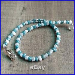 11+ Cts Natural White Blue Rough Loose Diamond Beads 6.5 Bracelet. Silver Clasp