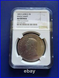 1892 SOUTH AFRICA ZAR 5 Shilling Silver Coin (Single Shaft) NGC AU-Details