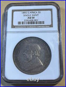 1892 South Africa 5 Shillings Silver Coin Single Shaft Graded AU50 by NGC