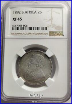 1892 South Africa SILVER Two 2 SHILLINGS NGC GRADED XF-45, Rare Coin KM# 7