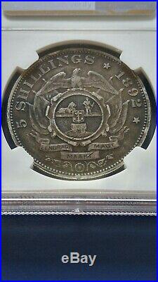 1892 South Africa ZAR 5 Shilling Silver Coin Single Shaft, Paul Kruger NGC VF-30