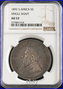 1892, South African Republic (ZAR). Large Silver 5 Shillings Coin. NGC AU-53