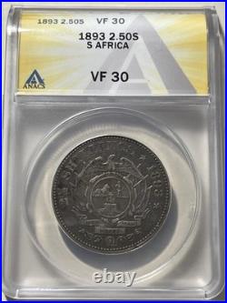 1893 South Africa 2-1/2 Shillings ANACS VF30 2.50S South African Silver Coin KM7