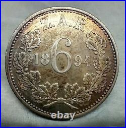 1894 6 Pence South Africa Toned Silver Km# 4 Low mintage! 168k! XF value = 325