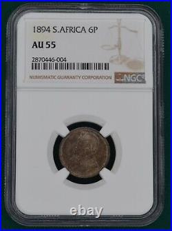 1894 South Africa Silver 6 Pence Graded by NGC as AU 55