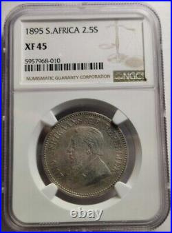 1895 South Africa SILVER 2.5 2-1/2 SHILLINGS NGC GRADED XF-45, Rare Coin KM# 7