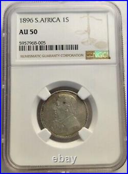 1896 South Africa SILVER One 1 SHILLINGS NGC GRADED AU-50, Rare Coin KM# 7