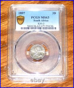 1897 South Africa Threepence (3D) PCGS MS63 BU UNC Zar African Boar War Era Coin