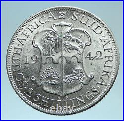 1942 SOUTH AFRICA Large GEORGE VI Shields Silver 2 Shillings Coin i78272