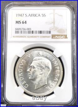 1947 South Africa Silver 5 Shillings Springbok Ngc Ms 64 Scarce Beautiful Bu