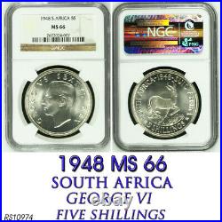 1948 SILVER 5 SHILLINGS MS66 NGC SOUTH AFRICA 5S UNCIRCULATED FIVE George VI