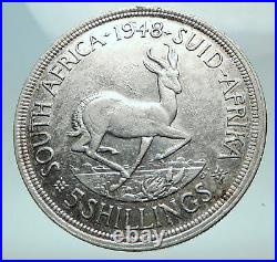 1948 SOUTH AFRICA George VI SPRINGBOK Deer Silver 5 Shillings LARGE Coin i82647