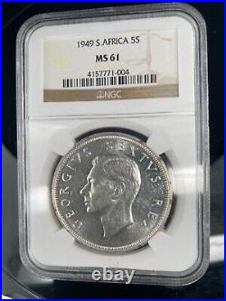 1949 SILVER 5 SHILLINGS MS61 NGC SOUTH AFRICA 5S UNC George VI