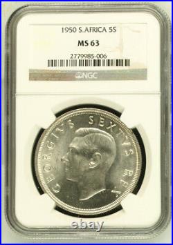 1950 SILVER 5 SHILLINGS MS63 NGC SOUTH AFRICA 5S UNCIRCULATED FIVE George VI