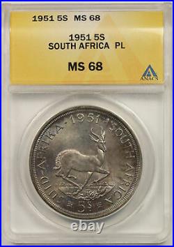 1951 South Africa Silver 5 Shillings 5S MS 68 PL Proof Like ANACS Color Toned