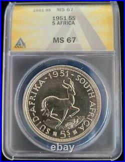 1951 South Africa Silver 5 Shillings ANACS MS 67 KM 40.2 Springbok George VI