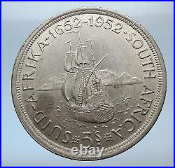 1952 SOUTH AFRICA 300th Cape Town Riebeeck w SHIP Silver 5 Shillings Coin i72473