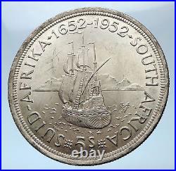 1952 SOUTH AFRICA 300th Cape Town Riebeeck w SHIP Silver 5 Shillings Coin i73874