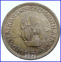 1952 SOUTH AFRICA 300th Cape Town Riebeeck w SHIP Silver 5 Shillings Coin i95677