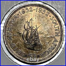1952 SOUTH AFRICA George VI 300th Cape Town SHIP Silver 5 Shillings Coin i109615