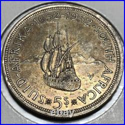 1952 SOUTH AFRICA George VI 300th Cape Town SHIP Silver 5 Shillings Coin i109615