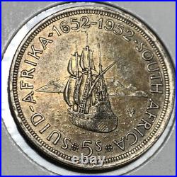 1952 SOUTH AFRICA George VI 300th Cape Town SHIP Silver 5 Shillings Coin i109615