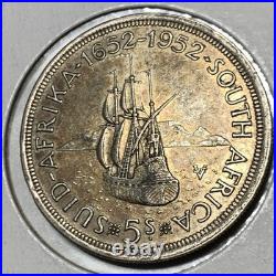 1952 SOUTH AFRICA George VI 300th Cape Town SHIP Silver 5 Shillings Coin i109615