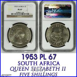 1953 Silver 5 Shillings Pl67 Ngc South Africa 5s Crown Prooflike