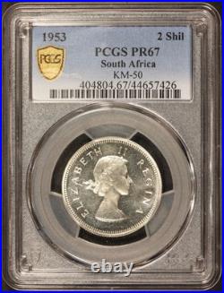 1953 South Africa 2 Shillings Proof Silver Coin PCGS PR 67 KM #50