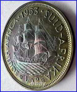 1953 South Africa Proof Set 8 Coins All Toned withCase 3 Pence Is Missing