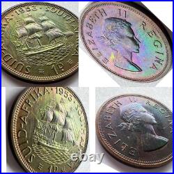 1953 South Africa Proof Set 8 Coins All Toned withCase 3 Pence Is Missing