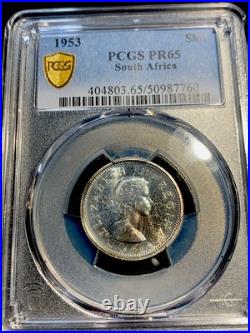 1953 South Africa Silver 1 Shilling Pcgs- Pf65 Toning Coin