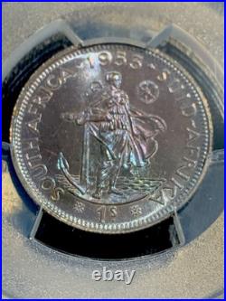 1953 South Africa Silver 1 Shilling Pcgs- Pf65 Toning Coin