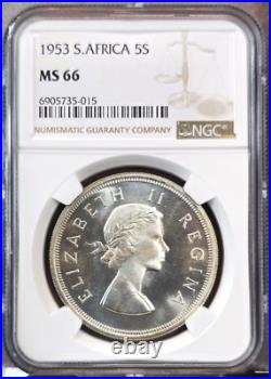1953 South Africa Silver 5 Shillings Springbok Ngc Ms 66 Rare High Grade Gem