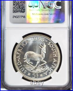 1953 South Africa Silver 5 Shillings Springbok Ngc Ms 66 Rare High Grade Gem