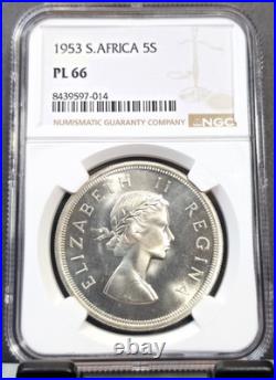 1953 South Africa Silver 5 Shillings Springbok Ngc Pl 66 Rare Gem Proof Like