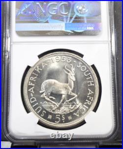 1953 South Africa Silver 5 Shillings Springbok Ngc Pl 66 Rare Gem Proof Like