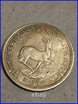 1954 South Africa 5 Shillings Silver/AU+/Low Mintage #1646