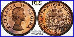 1955 South Africa 1/2 Penny Pcgs Pr64rb Beautiful Color Toned Coin