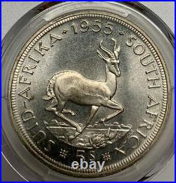 1955 South Africa 5 Shillings PCGS PL67 Silver Crown Sized Registry Coin KM52