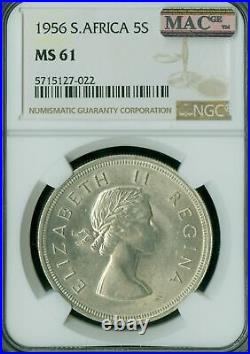 1956 South Africa Silver 5 Shillings Ngc Ms61 Mac Spotless Rare