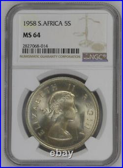 1958 Silver 5 Shillings Ms64 Ngc South Africa 5s Bu Queen Elizabeth II Unc