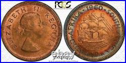 1960 South Africa One Penny Bu Pcgs Ms63rb Rainbow Toned Coin In High Grade