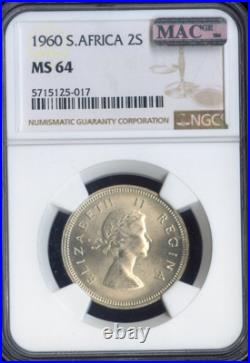 1960 South Africa Silver 2 Shillings NGC MS64 Quality