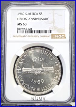 1960 South Africa Silver 5 Shillings Union Anniversary Ngc Ms 63 Nice Luster
