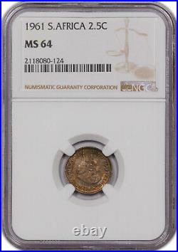 1961 South Africa 2.5 Cents Ngc Ms 64 Toned Very High Grade
