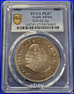 1961 South Africa 50C KM-62 Ag PCGS PL67. Large Silver Coin