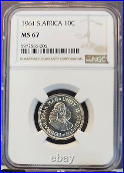 1961 South Africa Silver 10 Cents Woman With Anchor Ngc Ms 67 Gem Bu Top Pop