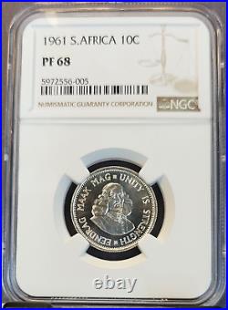 1961 South Africa Silver 10 Cents Woman With Anchor Ngc Pf 68 Bright Gem Proof