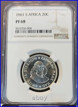 1961 South Africa Silver 20 Cents South African Shield Ngc Pf 68 Gem Top Pop
